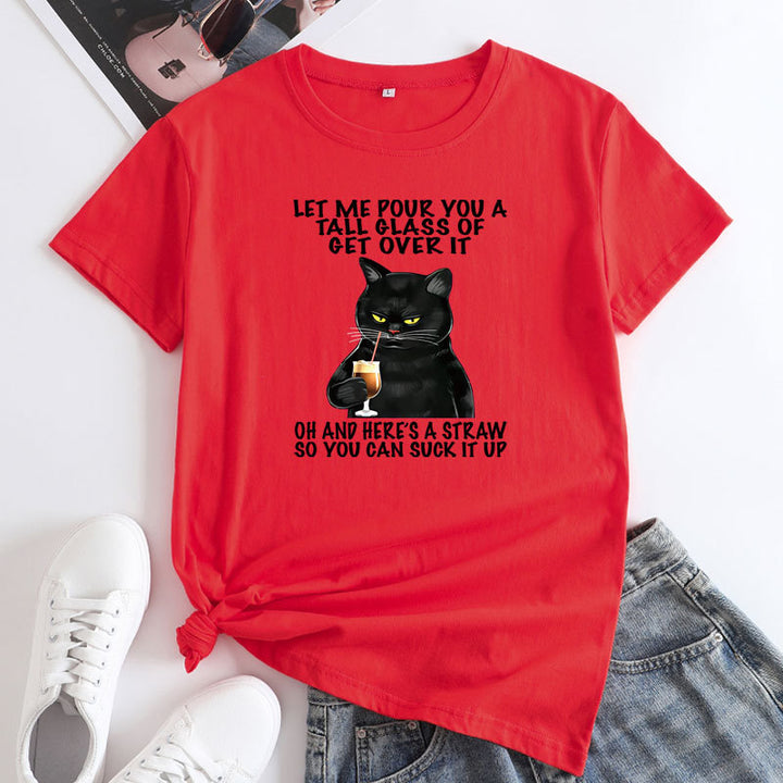 Plus Size Cat Printing Cotton Round Neck Short Sleeve-Blouses & Shirts-Zishirts