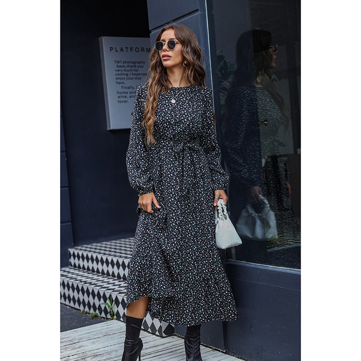 Women's Floral Commuter Round Neck Tied Dress-Lady Dresses-Zishirts