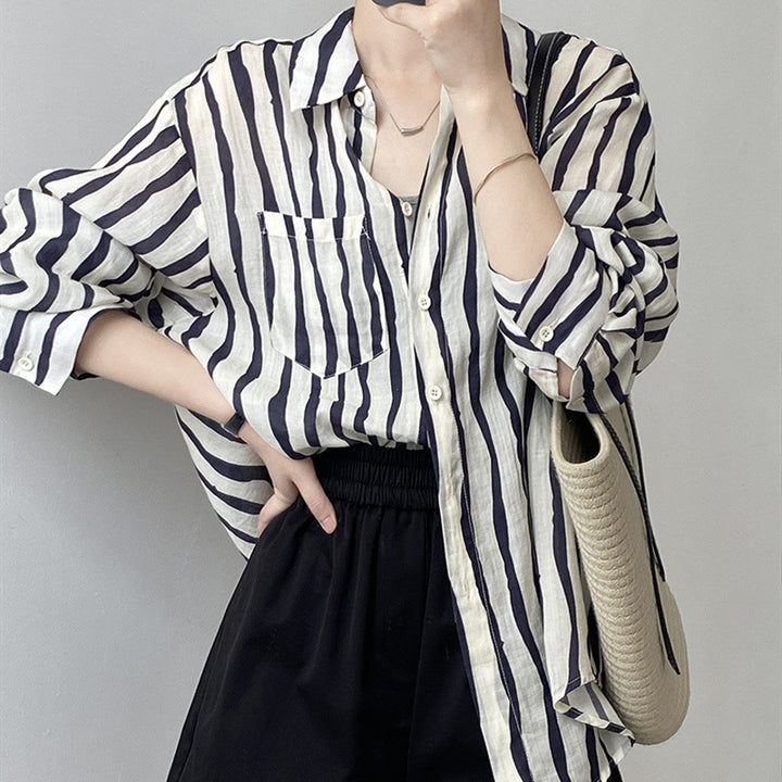 Vertical Striped Long-sleeved Shirt Lightweight Sun Protection Top-Blouses & Shirts-Zishirts