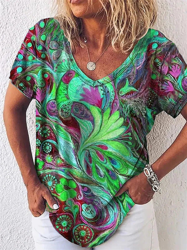 Europe And America Cross Border Summer Elegance Women's 3D Women's Abstract Painting T-shirt Pattern Graffiti-Blouses & Shirts-Zishirts