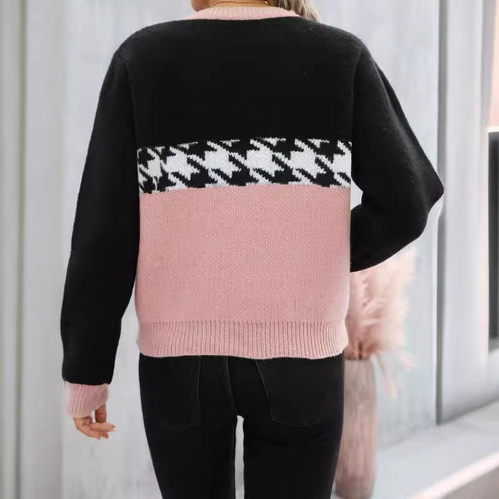 Contrast Color Pullover Round Neck Knitted Sweater Fashion Geometry Pattern-0-Zishirts