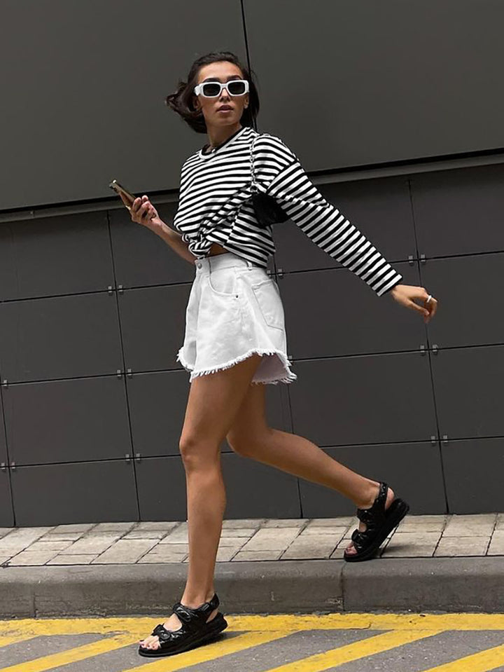 Women's Fashion Loose Casual Striped Long-sleeved T-shirt-Sweaters-Zishirts