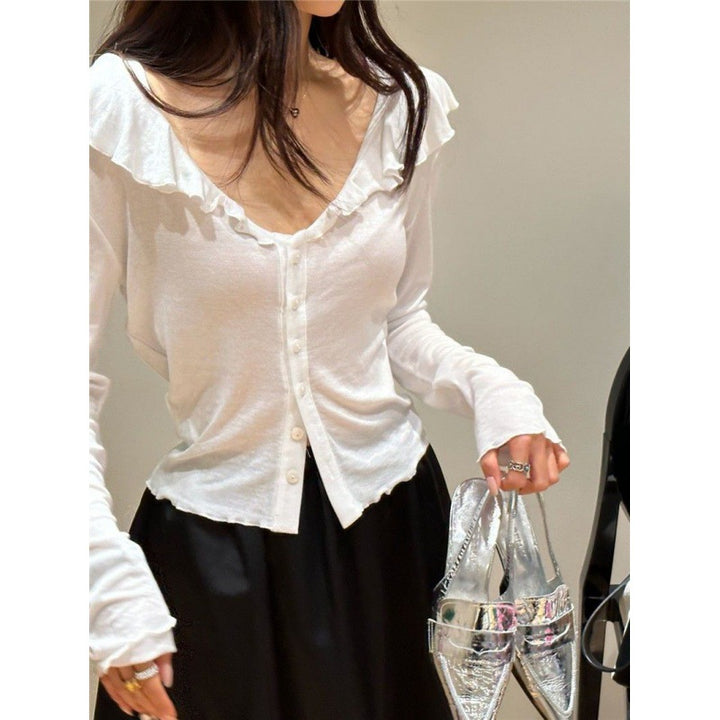 Spring New Korean Style Loose Tencel Ruffled Top Bottoming Shirt Long Sleeve-Blouses & Shirts-Zishirts