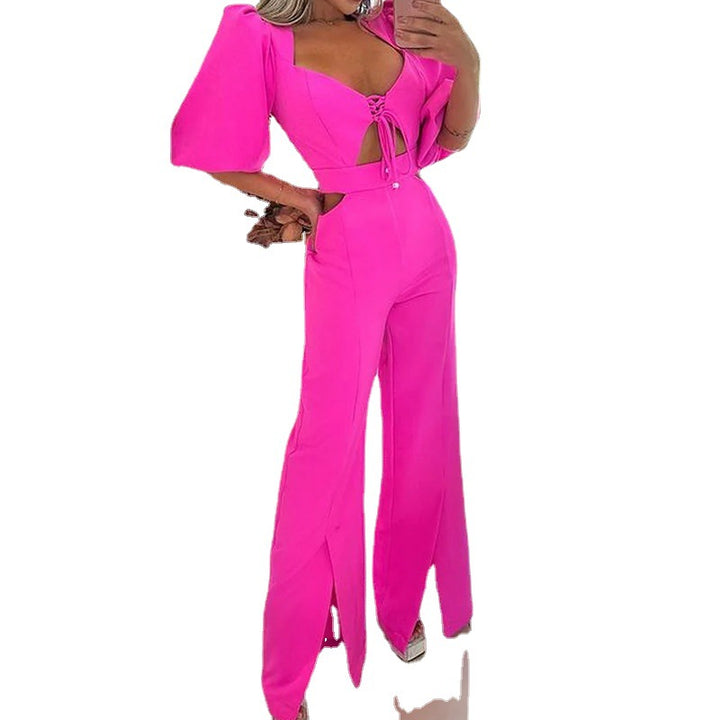 Summer Fashion V-neck Half Sleeves Midriff Outfit Loose Solid Color Jumpsuit-Women's Outerwear 2023-Zishirts