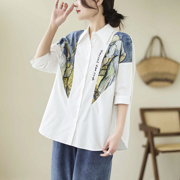 Cotton And Linen Large Size Loose Stitching Short Sleeve Shirt-Blouses & Shirts-Zishirts