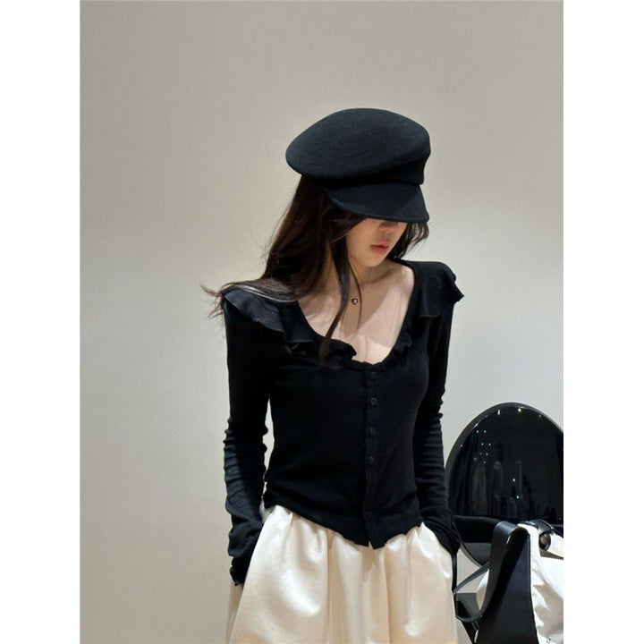 Spring New Korean Style Loose Tencel Ruffled Top Bottoming Shirt Long Sleeve-Blouses & Shirts-Zishirts