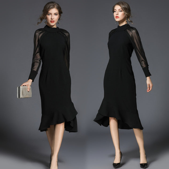 Stylish Temperament Long Sleeves Fishtail Slim Black Dress-Women's Outerwear 2023-Zishirts