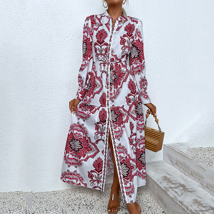 Printed V-neck Irregular Long Dress-Lady Dresses-Zishirts