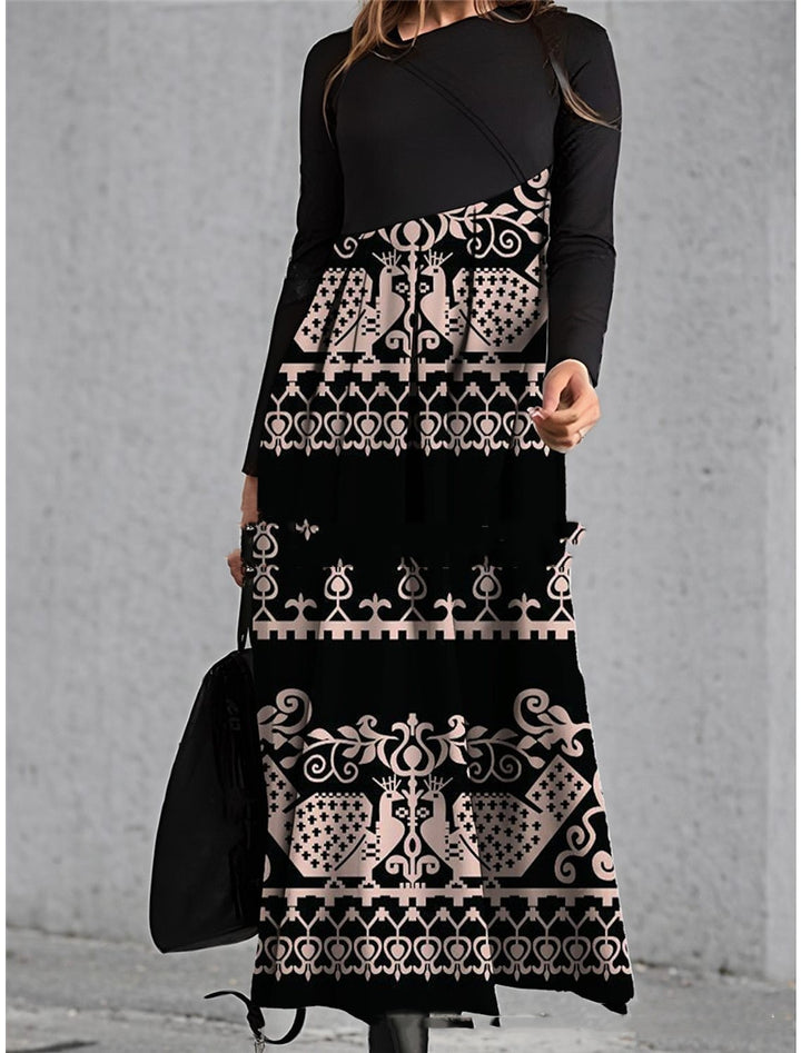 Diagonal Collar Stitching Printing Diagonal Collar Long Dress-Women's Outerwear 2023-Zishirts