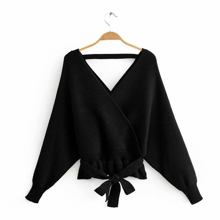 Women's Batwing Coat Knitwear V-neck Exposed Back Bandage Sweater-Sweaters-Zishirts