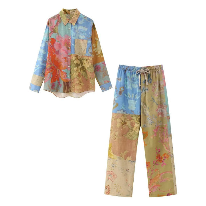 Stitching Printing Shirt Patchwork Pajamas Style Bell-bottom Pants-Suits & Sets-Zishirts