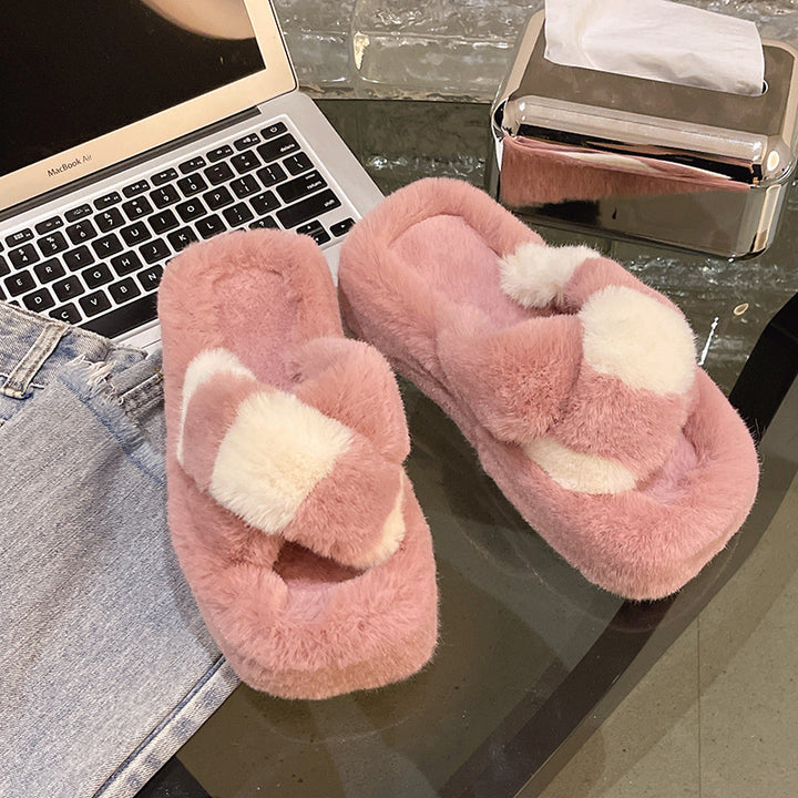 Cross-strap Fuzzy Slippers With 5cm Heel Shoes Women Fashion Winter Indoor Plush House Shoes-Womens Footwear-Zishirts