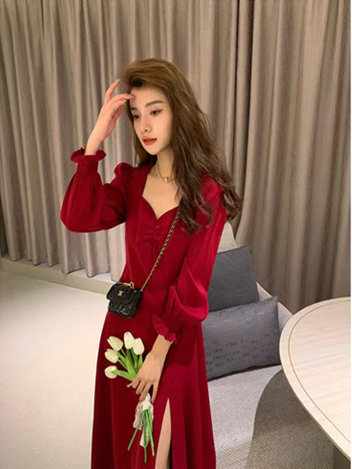 French Hepburn Style V-neck Red Dress Women-Women's Outerwear 2023-Zishirts