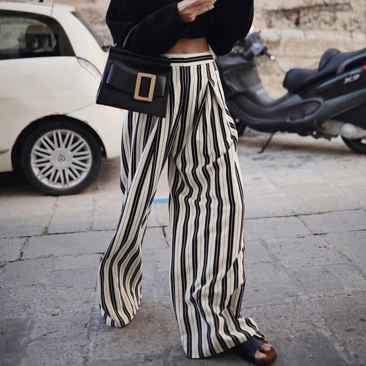 Women's Fashion Casual Black And White Striped Wide-leg Pants-Suits & Sets-Zishirts