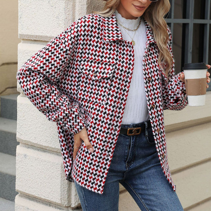 Fashion Houndstooth Lapel Tweed Coat Casual Loose Long Sleeve Jacket With Pocket Outwear Tops For Womens Clothing-Jackets-Zishirts