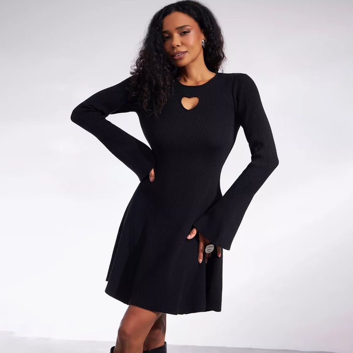 Women's Round Neck Hollow-out Love-shape Print Dress Design Tight Waist-Lady Dresses-Zishirts