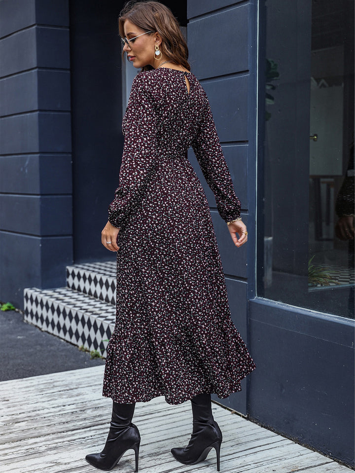 Women's Floral Commuter Round Neck Tied Dress-Lady Dresses-Zishirts