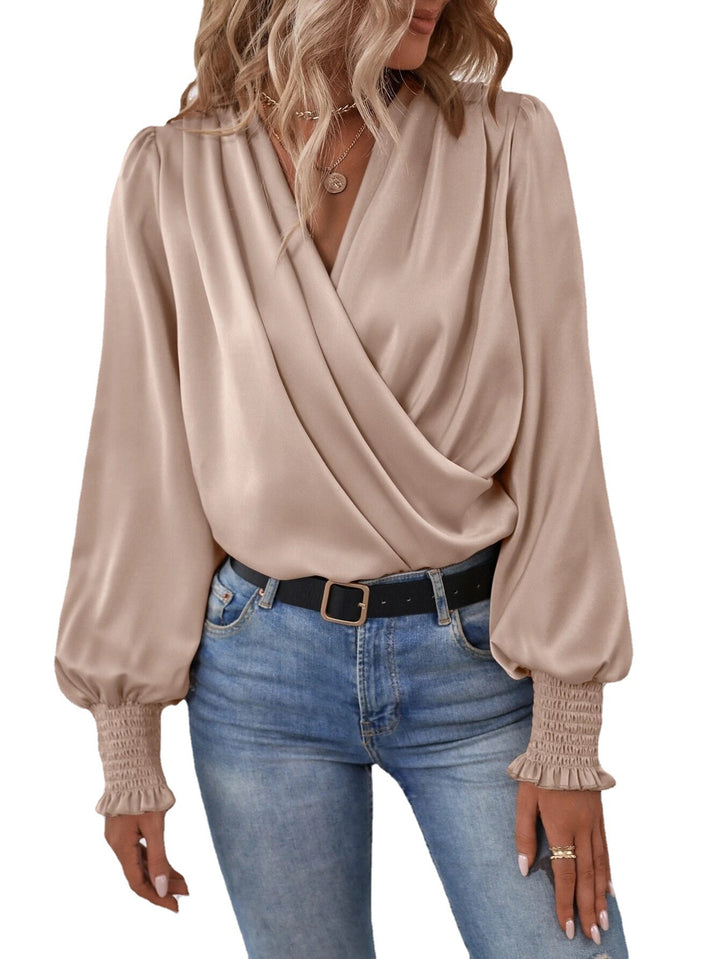 Women's Elegant Women's V-neck Lantern Sleeve Style Solid Color Shirt-Blouses & Shirts-Zishirts