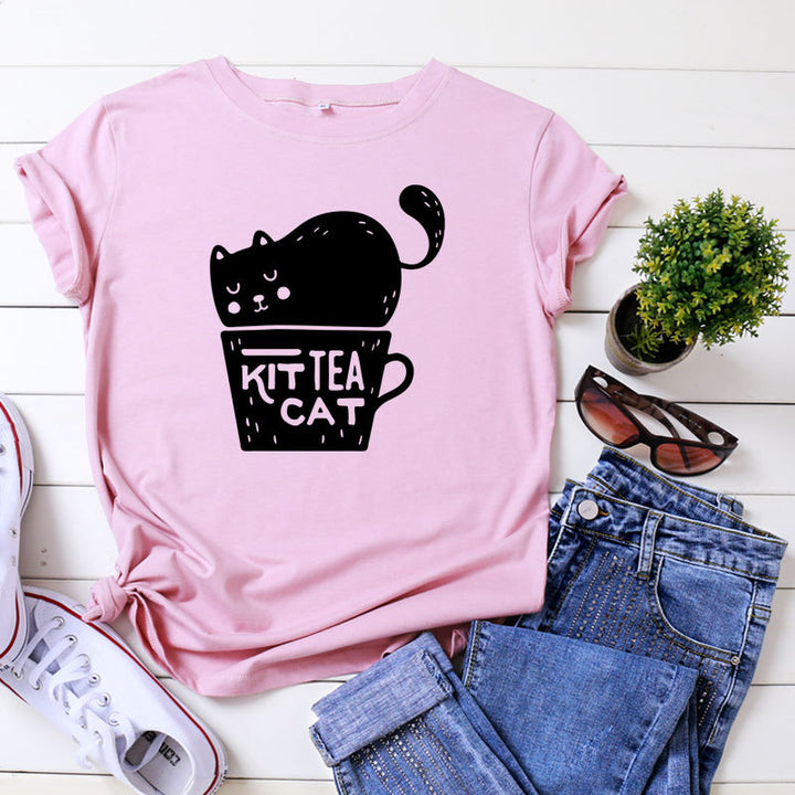 Casual KIT TEA CAT Printed Round Neck Plus Size Short Sleeve-Blouses & Shirts-Zishirts