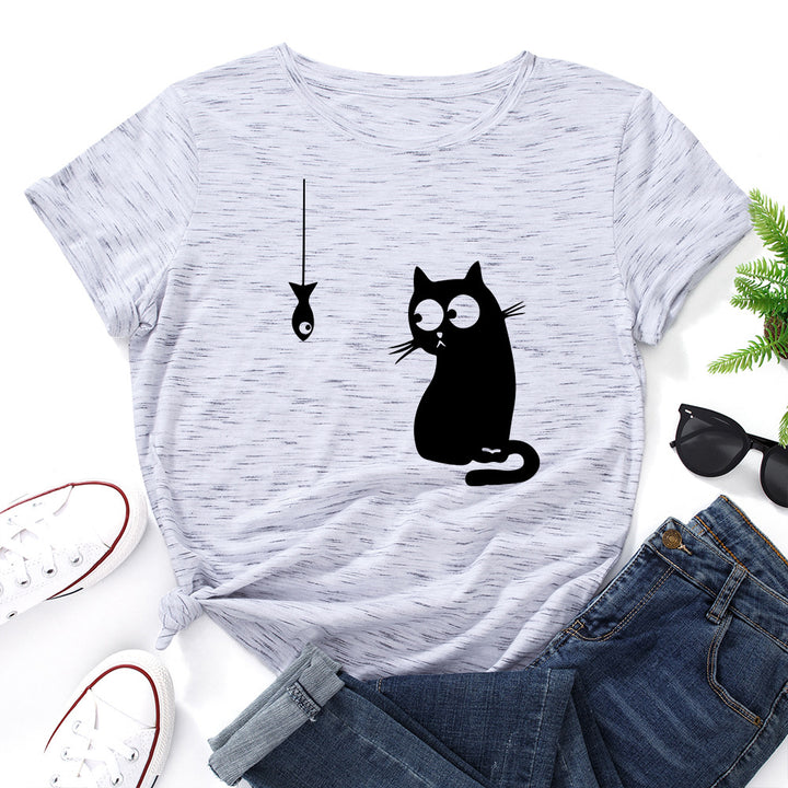 Women's Cute Cat Loose Round Neck Cotton Short Sleeve-Women's Outerwear 2023-Zishirts