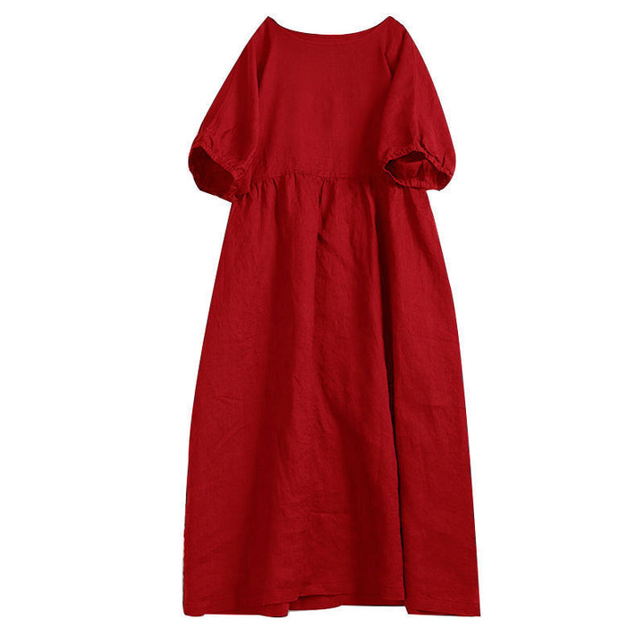 Linen Dress Mid Length Loose Mori Doll Sleeve Cotton Linen Skirt-Lady Dresses-Zishirts