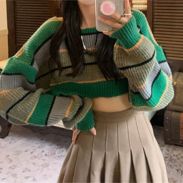 Short Colored Mosaic Striped Knitted Sweater-Sweaters-Zishirts