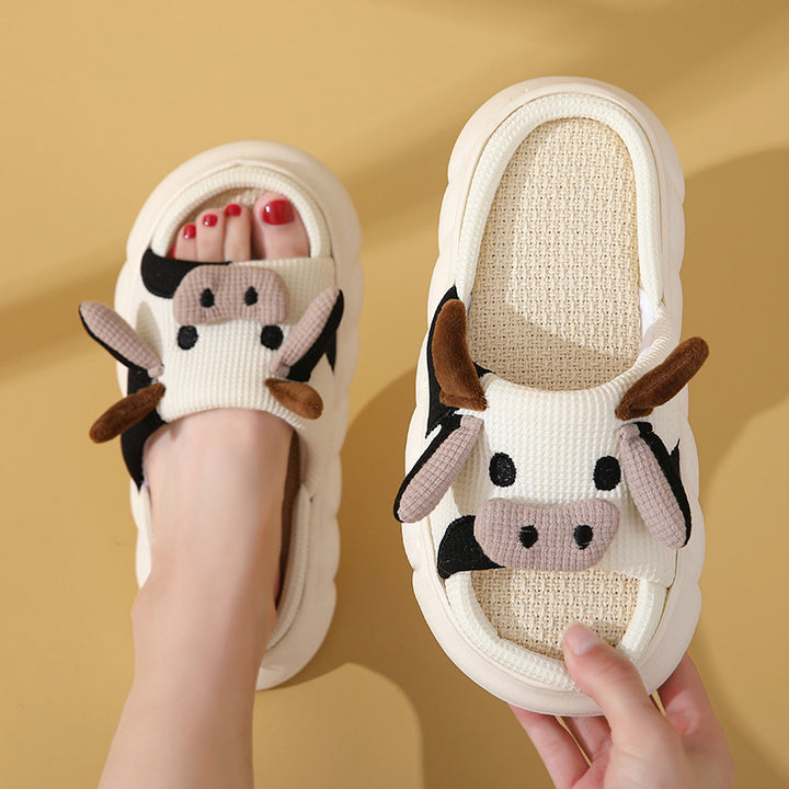 Cute Cartoon Cow Frog Slippers Linen Non-slip Shoes Indoor Garden Home Slippers-Womens Footwear-Zishirts