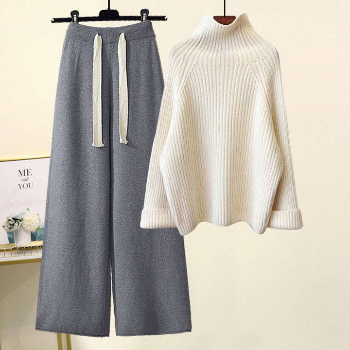 Thickened Coarse Yarn Knitwear Wide Leg Pants Two-piece Set-Women's Outerwear 2023-Zishirts