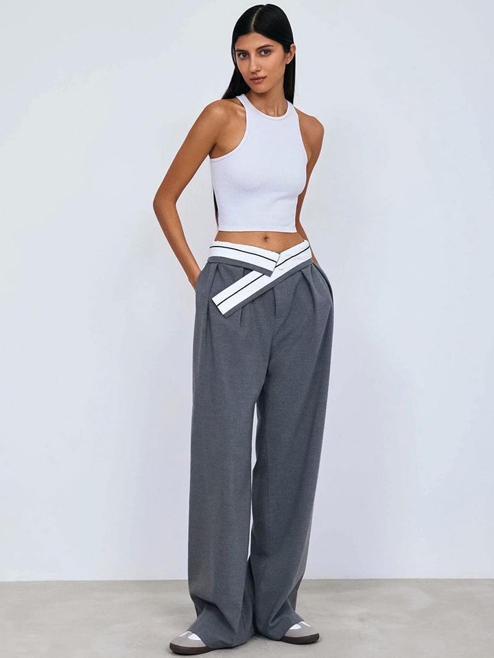 Women's Fashion Versatile Wide Stitching Contrast Color Wide-leg Pants-Suits & Sets-Zishirts
