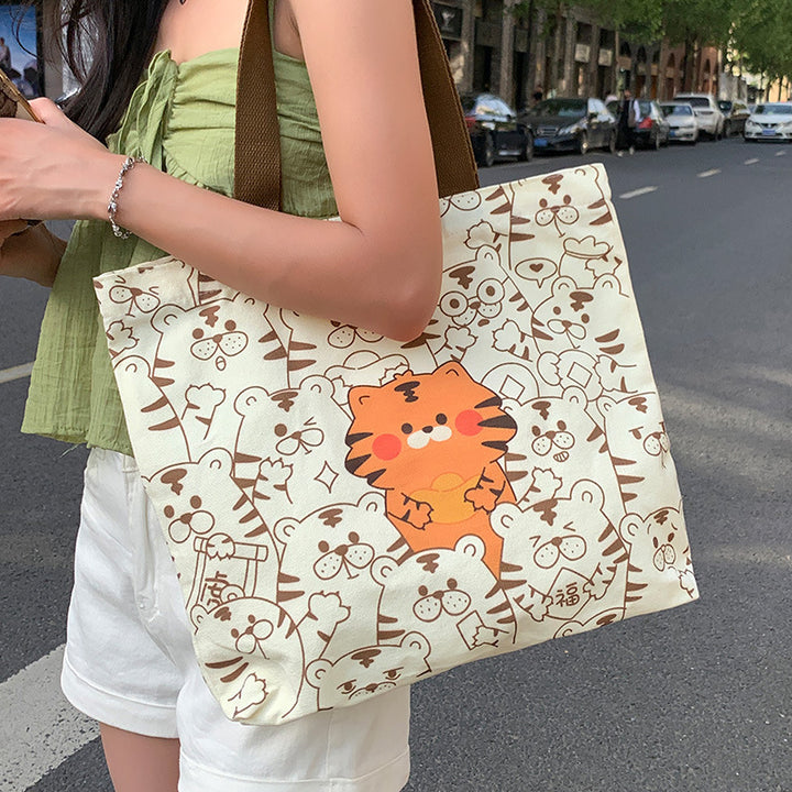 Cute Bear Printed Canvas Bag Women All-match Shoulder Bags Student Large Capacity Daily Handbags-Women's Bags-Zishirts