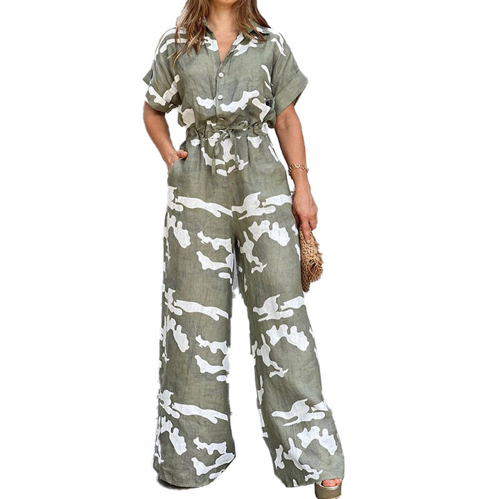 Fashion Polo Collar Printed Button Lace-up Jumpsuit-Women's Outerwear 2023-Zishirts