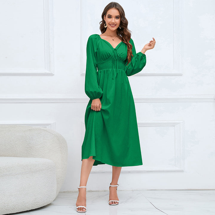 Women's Elegant V-neck Slim-fit Long Sleeve Dress-Lady Dresses-Zishirts