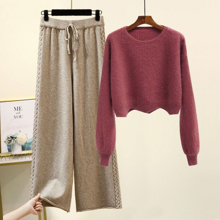 Autumn And Winter Set Knitted Sweater Slimming All-match Wide Leg Pants Suit-Women's Outerwear 2023-Zishirts