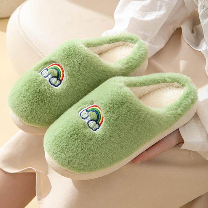 Kawaii Rainbow Embroidered Slippers Warm Slip On Plush Shoes Couple Indoor Home Slippers Winter-Womens Footwear-Zishirts