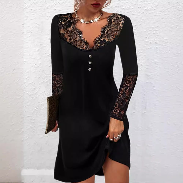 Summer New Women's Solid Color Lace See-through V-neck Dress-Lady Dresses-Zishirts