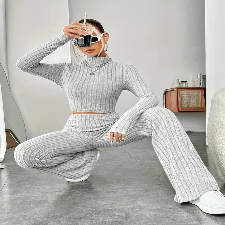 Solid Color Rib Fabric Women's Long-sleeved Knitwear And Trousers Suit-Suits & Sets-Zishirts