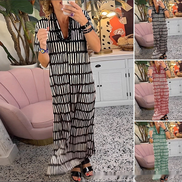 Fashionable All-match Long Dress V-neck Loose Slimming Stripes Dress-Lady Dresses-Zishirts