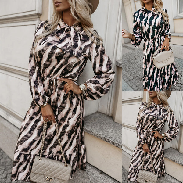 Women's Fashion Bowknot Zebra Print Long Sleeve Dress-Lady Dresses-Zishirts