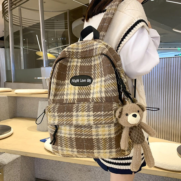 Retro Easy Matching Woolen Checked Backpack-Women's Bags-Zishirts