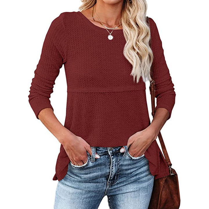 Women's Waffle Fashion Back Hollow Round Neck Long Sleeve Top-Suits & Sets-Zishirts