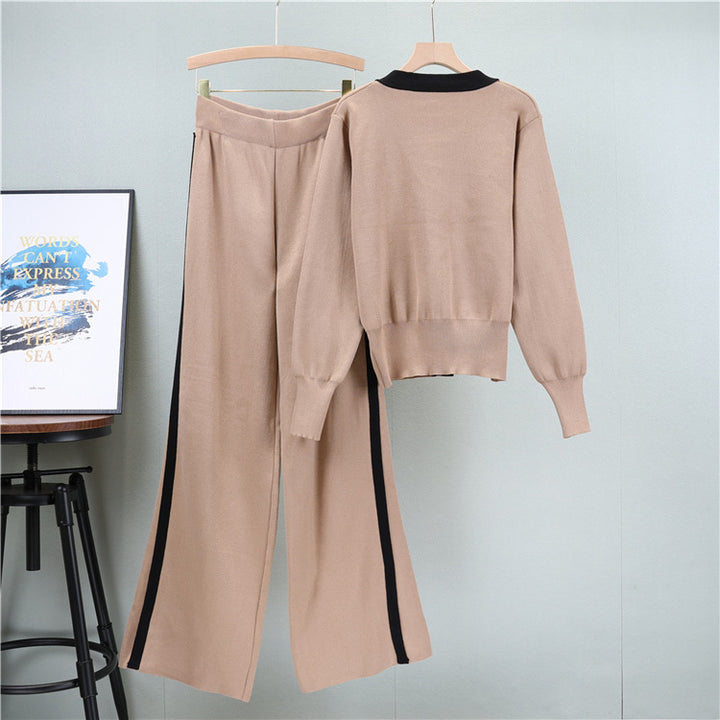 Sweaters Suit V-neck Long-sleeved Cardigan Loose Wide-leg Pants Two-piece Set-Suits & Sets-Zishirts