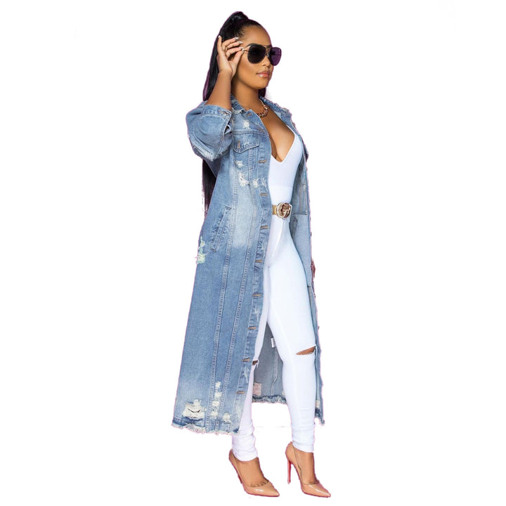 Lapel Style Women's Washed Loose Hole Top Denim Jacket-Jackets-Zishirts