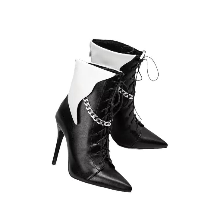 Women's Fashion Colorblock Stiletto Pointed Chain Ankle Boots-Womens Footwear-Zishirts