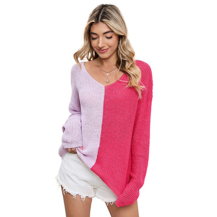New Color Matching V-neck Pullover Sweater Knitted Long-sleeved Top-Sweaters-Zishirts