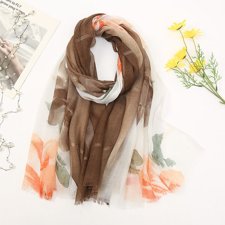 Women's Cotton And Linen Fleece Trimmed Printed Scarf-Scarves & Wraps-Zishirts