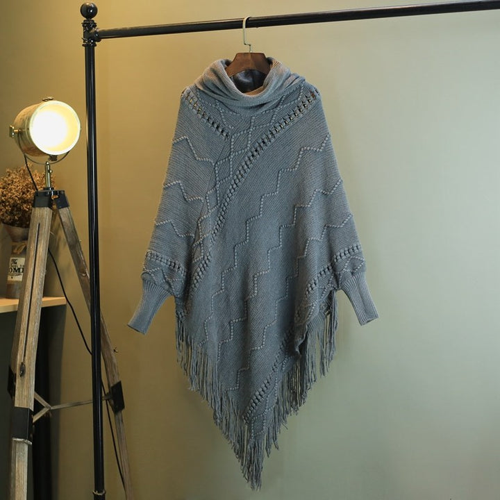 Autumn And Winter New Tassel Knitwear Shawl High Collar Warm Batwing Sleeve Pullover-Scarves & Wraps-Zishirts