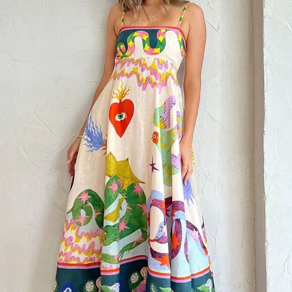 Women's Fashion Printed Loose Casual Sleeveless Sling Large Swing Maxi Dress Women-Womens 2024 March-Zishirts