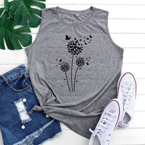 Dandelion Printing Bottoming Sleeveless Vest-Blouses & Shirts-Zishirts