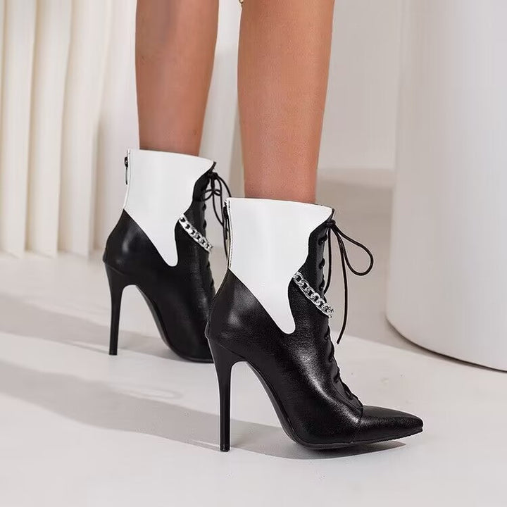 Women's Fashion Colorblock Stiletto Pointed Chain Ankle Boots-Womens Footwear-Zishirts