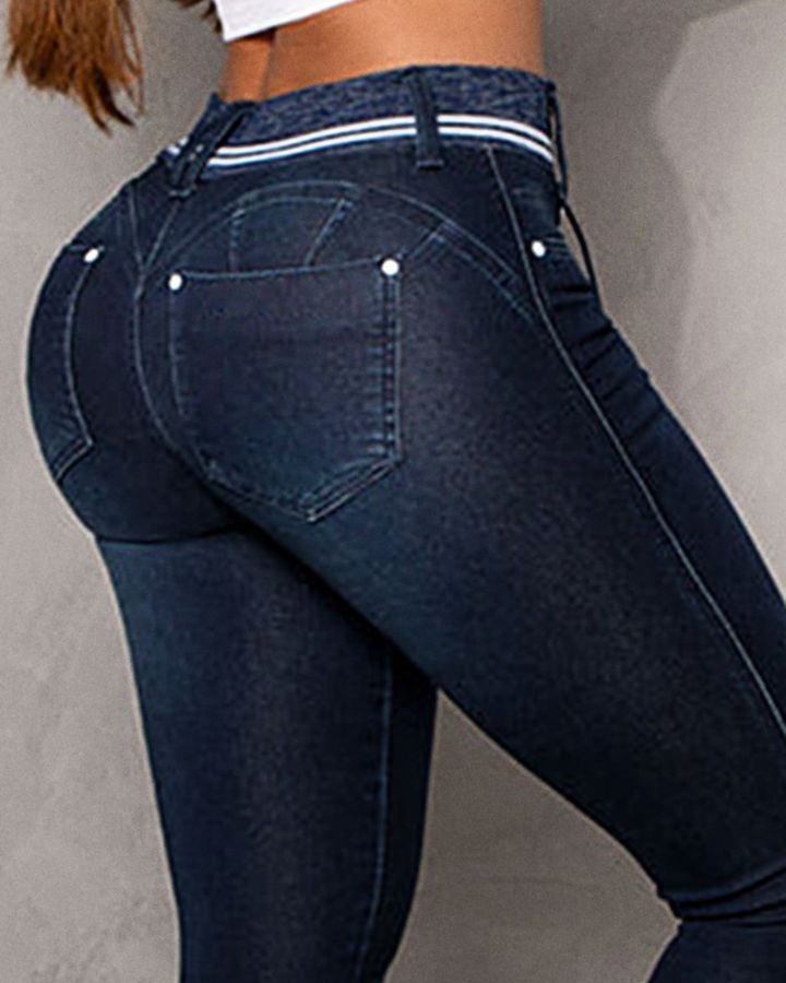 Striped Stitching Drawstring Tight Hip Raise Skinny Denim Ankle-length Pants-Woman Jeans-Zishirts